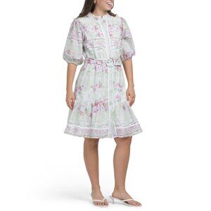 LEA Purple Multi Short Sleeve Floral Mini Dress With Covered Belt